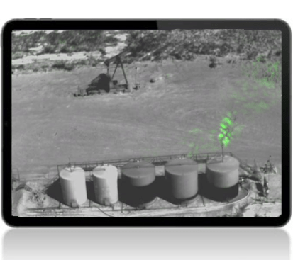 tablet showing GEM mode of OGI camera detecting emissions over tanks